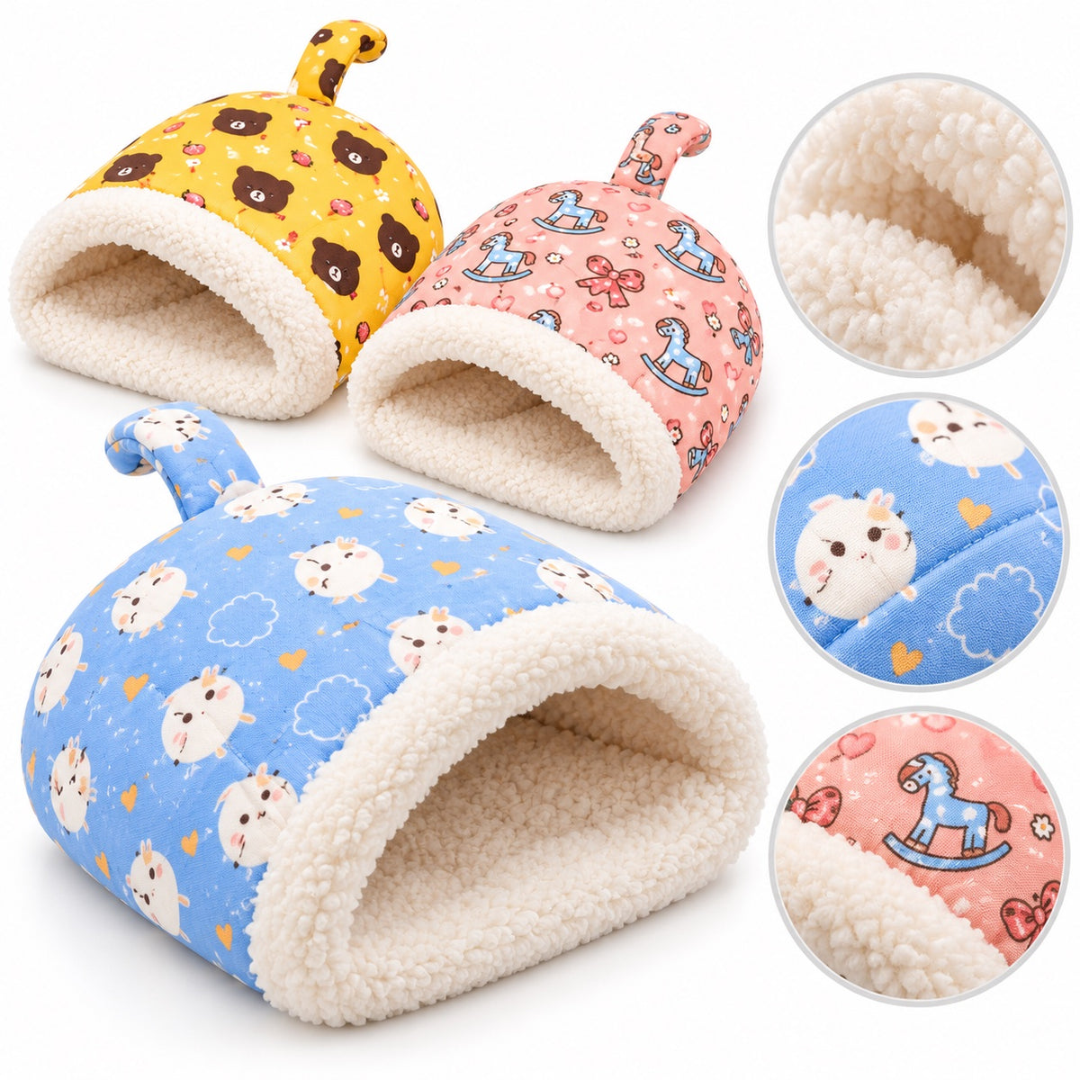 MichiMoon Sleeper in Sky Blue, Sunny Yellow and Soft Pink with plush lining close-ups