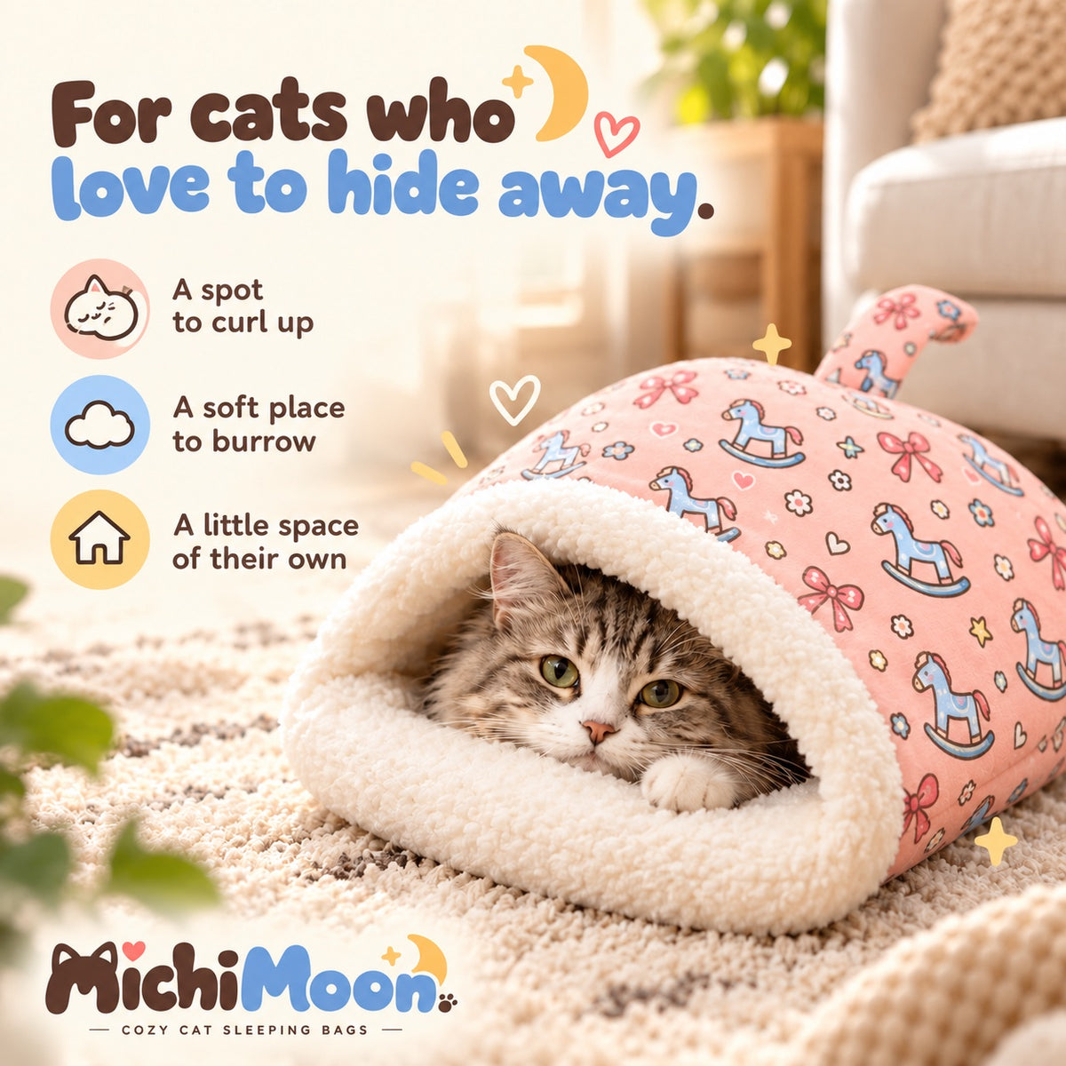 For cats who love to hide away: a cat peeking out of the Soft Pink MichiMoon Sleeper