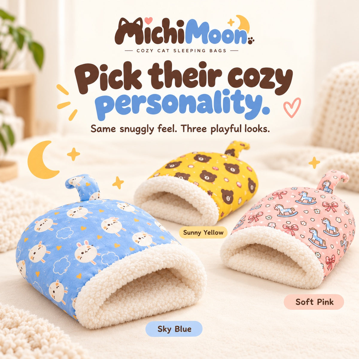 Pick their cozy personality: Sky Blue, Sunny Yellow and Soft Pink